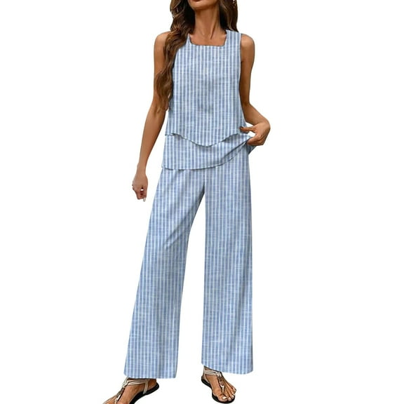 BLOCLOALO 2 Piece Lounge Set Sleeveless Tops Summer Outfits Sleeveless Sets Square Neck Tops Wide Leg Crop Pants Vacation Outfits Tunic Tops Comfy Lounge Sets Basic Lounge Set Light Blue M