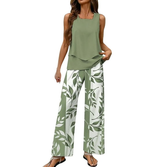 BLOCLOALO 2 Piece Lounge Set Sleeveless Tops Summer Outfits Sleeveless Sets Square Neck Tops Wide Leg Crop Pants Vacation Outfits Tunic Tops Comfy Lounge Sets Basic Lounge Set Mint Green M