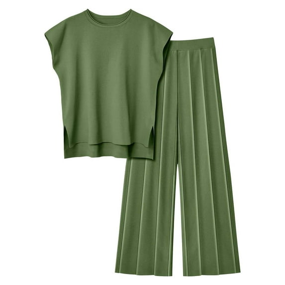 BLOCLOALO 2 Piece Lounge Set Sleeveless Tops Women Casual Vest Top and Pants Sets Solid Color Knitted Sweater Knitted Sweater Plus Size Tank Tops Knit Tops Casual Lounge Sets Green M