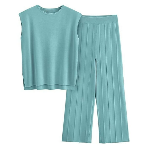 BLOCLOALO 2 Piece Lounge Set Sleeveless Tops Women Casual Vest Top and Pants Sets Solid Color Knitted Sweater Knitted Sweater Plus Size Tank Tops Knit Tops Casual Lounge Sets Sky Blue Xl