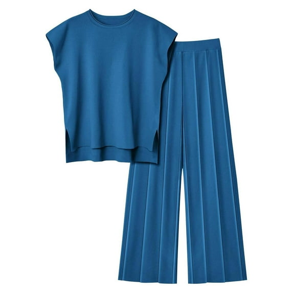BLOCLOALO 2 Piece Lounge Set Sleeveless Tops Women Casual Vest Top and Pants Sets Solid Color Knitted Sweater Knitted Sweater Plus Size Tank Tops Knit Tops Casual Lounge Sets Dark Blue Xl