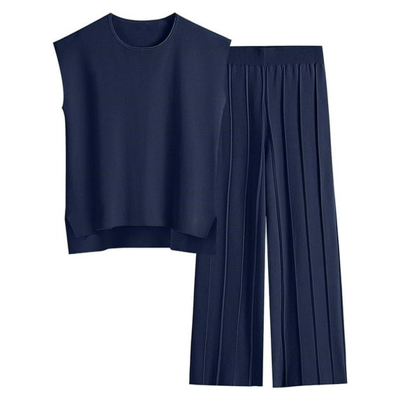 BLOCLOALO 2 Piece Lounge Set Sleeveless Tops Women Casual Vest Top and Pants Sets Solid Color Knitted Sweater Knitted Sweater Plus Size Tank Tops Knit Tops Casual Lounge Sets Navy S