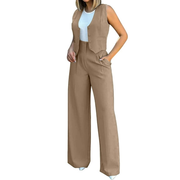 BLOCLOALO 2 Piece Lounge Set Sleeveless Tops Women's Fashionable Vest Wide Leg Pants Set Comfortable for Daily Wear Cropped Tank Tops Trendy Business Sets Womens Lounge Outfit Khaki L