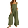 thumbnail image 1 of BLOCLOALO 2 Piece Lounge Set Sleeveless Tops Women's Outfits Square Neck Linen Tank Crop Top Wide Leg Pants Matching Set Cropped Tank Tops Dressy Casual Suit Casual Lounge Sets for Women Army Green S, 1 of 7