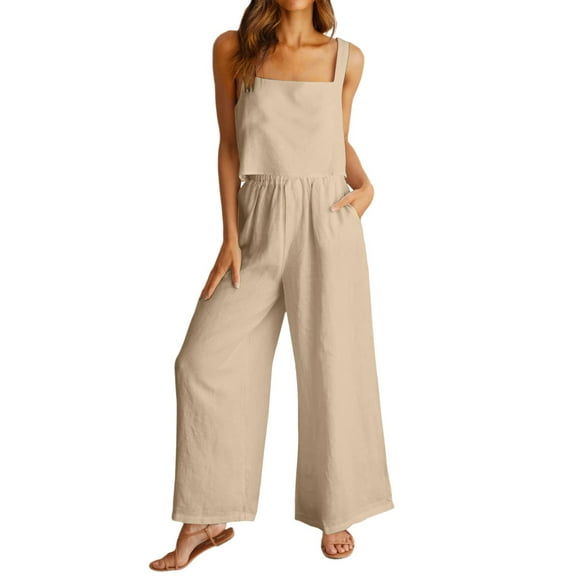 BLOCLOALO 2 Piece Lounge Set Sleeveless Tops Women's Outfits Square Neck Linen Tank Crop Top Wide Leg Pants Matching Set Cropped Tank Tops Dressy Casual Suit Casual Lounge Sets for Women Beige Xl