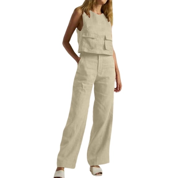 BLOCLOALO 2 Piece Lounge Set Sleeveless Tops Women's Solid Loose Cotton Linen Suit O Neck Vest Tank Women's Pants with Pockets Cropped Tank Tops Trendy Business Sets Lightweight Lounge Sets Khaki Xxl