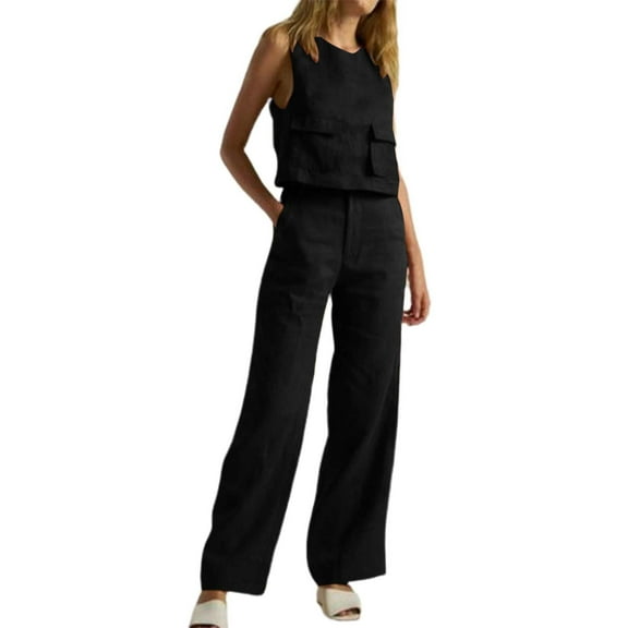 BLOCLOALO 2 Piece Lounge Set Sleeveless Tops Women's Solid Loose Cotton Linen Suit O Neck Vest Tank Women's Pants with Pockets Cropped Tank Tops Trendy Business Sets Lightweight Lounge Sets Black 3Xl