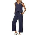 thumbnail image 1 of BLOCLOALO 2 Piece Lounge Set Sleeveless Tops Womens Daily Casual 2 Piece Solid Tank Tops Wide Leg Pants Outfits Sets Tunic Tops V Neck Blouses Travel Outfits for Women Navy L, 1 of 6
