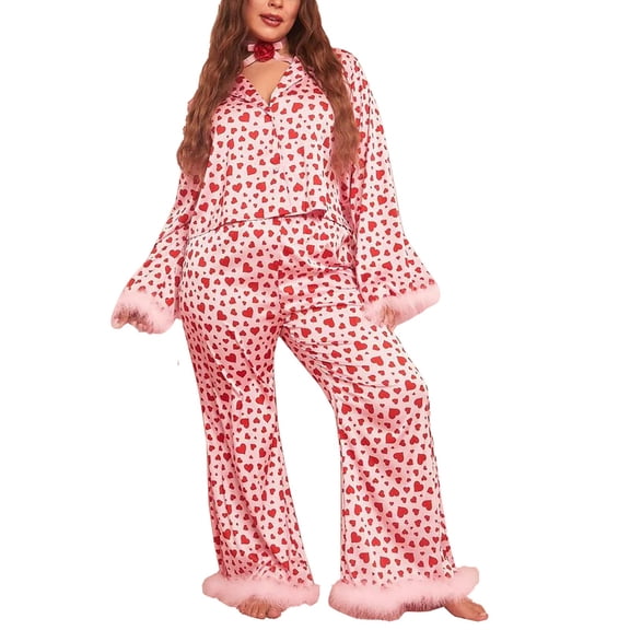 BLOCLOALO 2 Piece Lounge Set Womens Pajama Sets European and American Women's Lover Sweet Crop Print Leisure Suit Pajamas Long Sleeve Shirts V Neck Blouses Fall Matching Sets for Women Pink Xxl