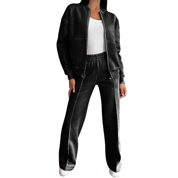 BLOCLOALO 2 Piece Lounge Set Zip Up Hoodie Outfits Set Oversized Sweatshirt Jacket Sweatpant Matching Sweat Sets Winter Sweatsuits Long Sleeve Shirts Plus Size Workout Sets Fall Lounge Sets Black M