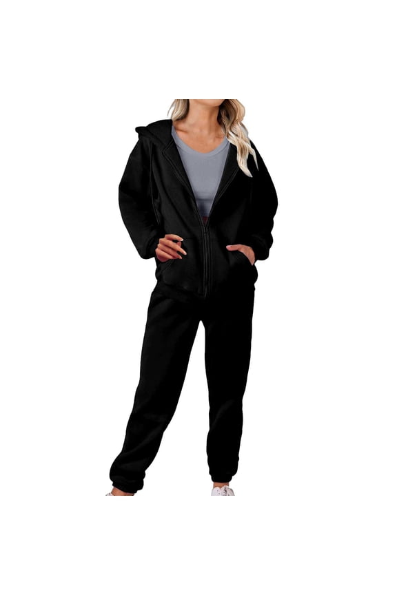 2 Piece Lounge Set Zip Up Hoodie Women Women with Pants Hoodie Plus Leisure Winter Fleece Hooded Plush Women Suits Sweatpants and Sweatshirt Set Long Sleeve Shirts Fall Matching Sets Black S
