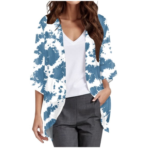 BLOCLOALO 3/4 Sleeve Blouses Open Front Cardigan Women's Printed Fashionable Casual Cropped Chiffon Cardigan Top Chiffon Tops Lightweight Thin Cardigans Comfy Cardigan Pink L