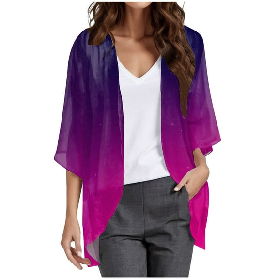 BLOCLOALO 3/4 Sleeve Blouses Open Front Cardigan Women's Printed Fashionable Casual Cropped Chiffon Cardigan Top Chiffon Tops Lightweight Thin Cardigans Comfy Cardigan Purple S