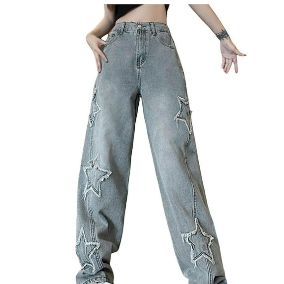 BLOCLOALO Baggy Jeans Wide Leg Pants Vintage Baggy Jeans Loose Pants Trendy High Waisted Pants for Women Cotton Sweatpants with Pockets Cute Pants Travel Pants Work Pants Everyday Pants Blue L