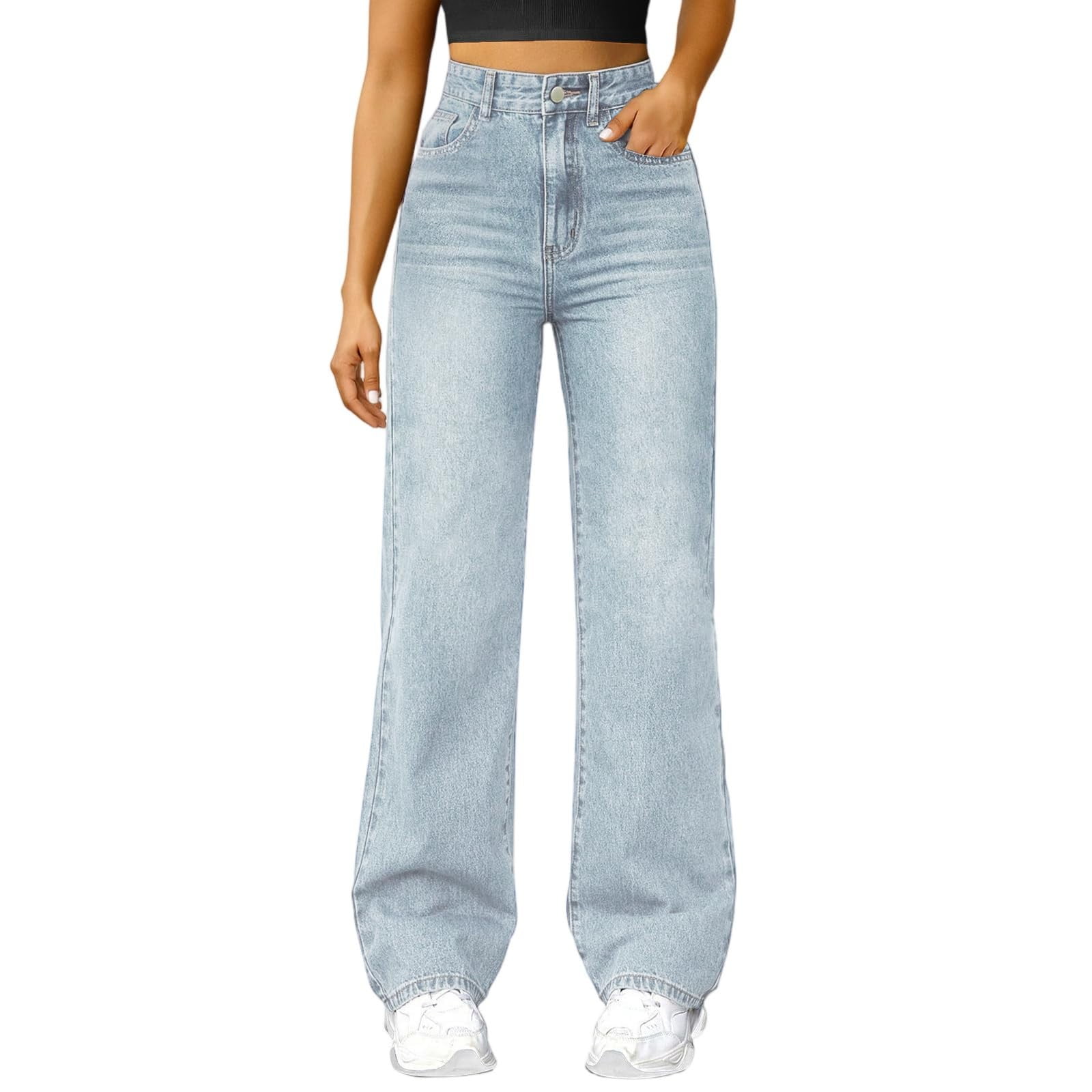 Cicy Bell Women's High Waisted Cropped Jeans - Stretchy Wide Leg Denim Pants With Button Fly