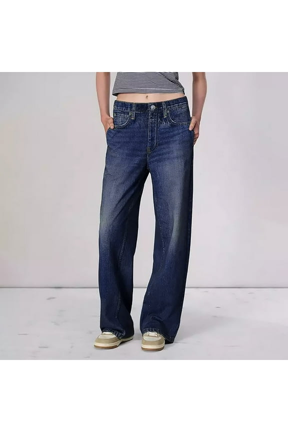 Baggy Pants Denim Pants Womens Pull On Jeans Stretch High Waisted Elastic Waist Jeans for Women Baggy Straight Wide Leg Denim Pants Loose Pants Lounge Pants Stretch Pants Dark Blue L