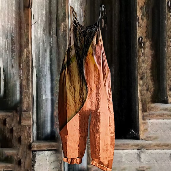 BLOCLOALO Baggy Pants Jumpsuit Womens Boho Floral Jumpsuits Cotton Linen Sleeveless Spaghetti Strap Baggy Romper Wide Leg Overalls with Pockets Loose Pants Lounge Pants Pants Trendy Orange S