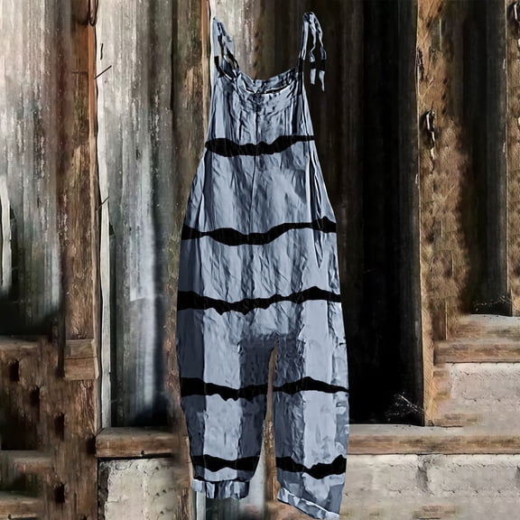 BLOCLOALO Baggy Pants Jumpsuit Womens Boho Floral Jumpsuits Cotton Linen Sleeveless Spaghetti Strap Baggy Romper Wide Leg Overalls with Pockets Loose Pants Lounge Pants Comfortable Pants Blue Xl