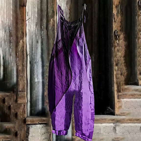 BLOCLOALO Baggy Pants Jumpsuit Womens Boho Floral Jumpsuits Cotton Linen Sleeveless Spaghetti Strap Baggy Romper Wide Leg Overalls with Pockets Loose Pants Lounge Pants Pants Trendy Purple S