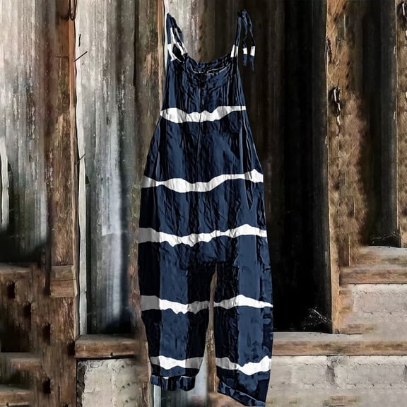 BLOCLOALO Baggy Pants Jumpsuit Womens Boho Floral Jumpsuits Cotton Linen Sleeveless Spaghetti Strap Baggy Romper Wide Leg Overalls with Pockets Loose Pants Lounge Pants Comfortable Pants Sky Blue Xxl