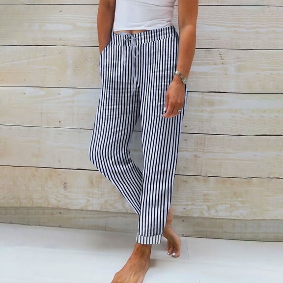 BLOCLOALO Baggy Pants Linen Pants Cotton Linen Striped Elastic Belt High Belt Pocket Trousers Side Buttons Cropped Pants Casual Pants Elastic Waist Pants Palazzo Pants Pants Trendy Light Blue S