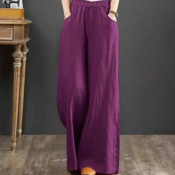 BLOCLOALO Baggy Pants Linen Pants Elastic Breathable Trousers Loose Cotton and Linen Pant Womens Pants with Pocket Loose Pants Palazzo Pants Comfortable Pants Purple S
