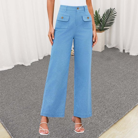 BLOCLOALO Baggy Pants Stretch Pants Women's Solid Color Fashionable Casual Pocket Cotton Linen Waist Wide Leg Pants High Waisted Pants Work Pants Comfortable Pants Light Blue S