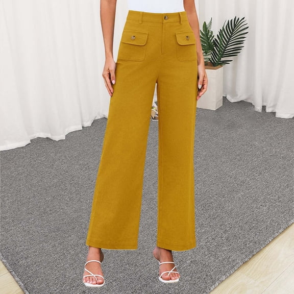 BLOCLOALO Baggy Pants Stretch Pants Women's Solid Color Fashionable Casual Pocket Cotton Linen Waist Wide Leg Pants High Waisted Pants Work Pants Comfortable Pants Yellow M