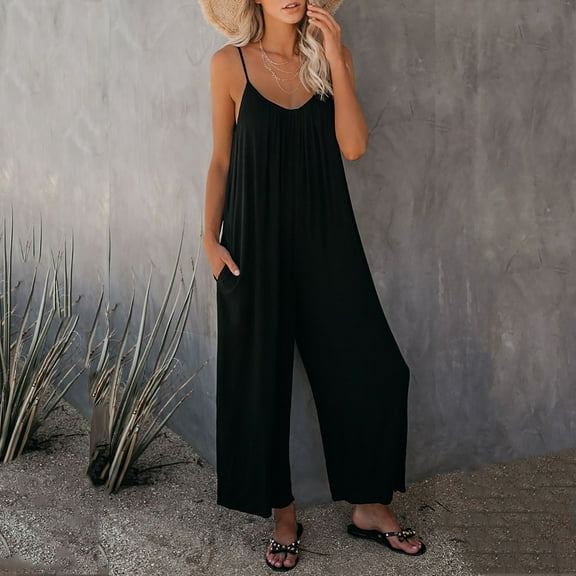 BLOCLOALO Baggy Pants Wide Leg Pants Fashion Women Solid Color Bandage Pockets Suspenders Pants Bib Shorts Jumpsuit High Waisted Pants Lounge Pants Comfortable Pants Black Xl