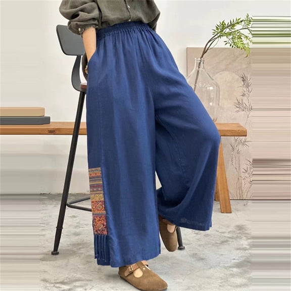 BLOCLOALO Baggy Pants Wide Leg Pants Women's Boho Embroidered Linen Palazzo Pants Wide Leg Cropped Pant Casual Flowy Mid Waist Trousers Pants Flowy Pants Lounge Pants Comfortable Pants Navy Xxl
