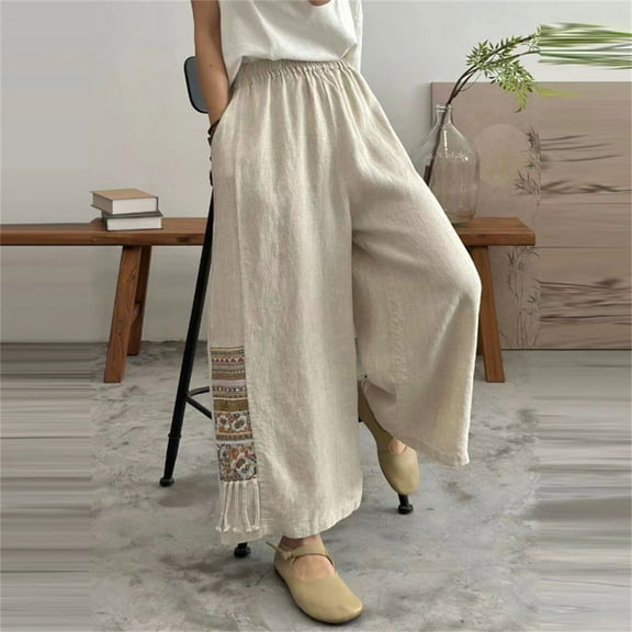BLOCLOALO Baggy Pants Wide Leg Pants Women's Boho Embroidered Linen Palazzo Pants Wide Leg Cropped Pant Casual Flowy Mid Waist Trousers Pants Flowy Pants Lounge Pants Comfortable Pants Beige L