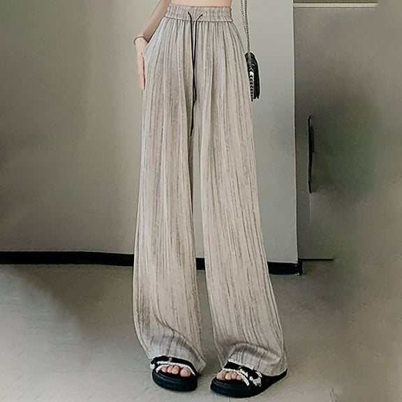 BLOCLOALO Baggy Pants Wide Leg Pants Women's Spring Satin Straight Leg with Drawstring Loose Casual Pants Loose Pants Drawstring Pants Pants Trendy Khaki Xl