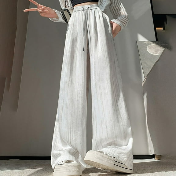 BLOCLOALO Baggy Pants Wide Leg Pants Women's Spring Satin Straight Leg with Drawstring Loose Casual Pants Loose Pants Drawstring Pants Pants Trendy White S