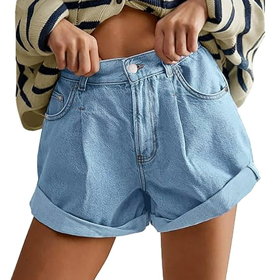 BLOCLOALO Baggy Shorts Denim Shorts Womens High Waisted Jean Shorts Casual Summer Wide Leg Rolled Denim Shorts with Pockets Loose Shorts Lounge Shorts Beach Shorts Blue S
