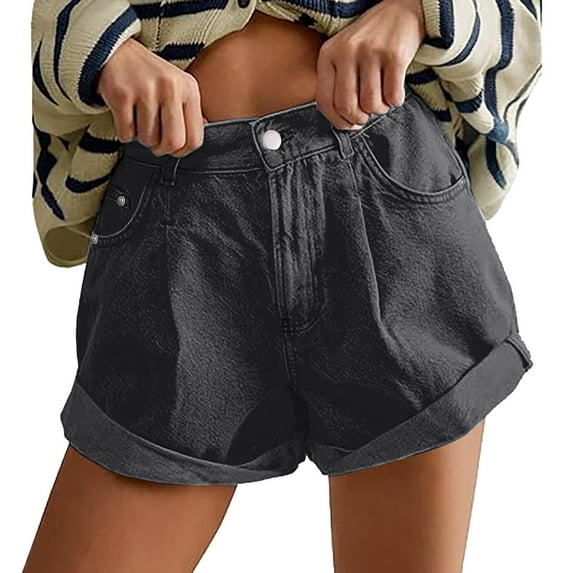 BLOCLOALO Baggy Shorts Denim Shorts Womens High Waisted Jean Shorts Casual Summer Wide Leg Rolled Denim Shorts with Pockets Loose Shorts Lounge Shorts Beach Shorts Grey M