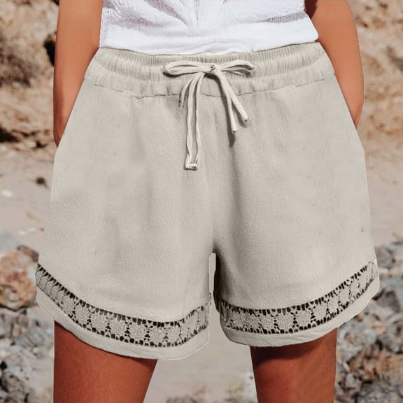 BLOCLOALO Baggy Shorts Linen Shorts Women's Fashion Clothes for Every Occasion Cotton Linen Cardigan Summer Chic Loose Shorts Casual Shorts Drawstring Shorts Beige L