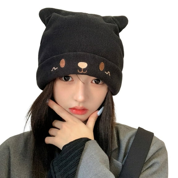 BLOCLOALO Beanie Hats Cute Cat Ear Knit Cable Rib Hat Skull Cap Women Men Girls Boys Teens Soft Warm Outdoor Cap for Autumn Winter Black One Size