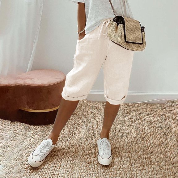 BLOCLOALO Bermuda Shorts Linen Pants Women's Knee Length Short Pants Ladies Loose Drawstring Casual Solid Color Shorts Elastic Waist Shorts Capri Shorts Stretch Shorts Beige S