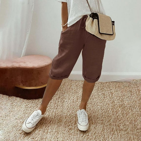 BLOCLOALO Bermuda Shorts Linen Pants Women's Knee Length Short Pants Ladies Loose Drawstring Casual Solid Color Shorts Elastic Waist Shorts Capri Shorts Stretch Shorts Coffee Xxl