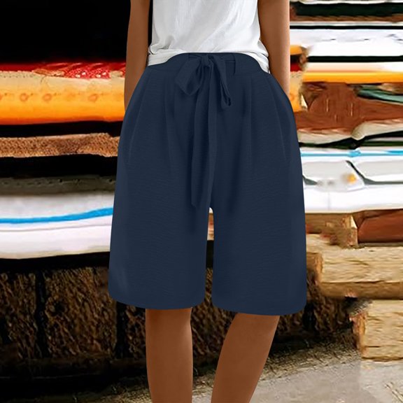 BLOCLOALO Bermuda Shorts Linen Shorts Ladies Casual Pocket Thin Outer Wear Elastic Belt In Trousers Large Size Loose Pants Stretch Shorts Long Shorts for Women Wide Leg Shorts Navy S