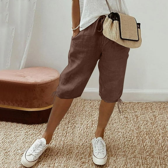 BLOCLOALO Bermuda Shorts Linen Shorts Women's Knee Length Short Pants Ladies Loose Drawstring Casual Solid Color Shorts Elastic Waist Shorts Long Shorts for Women Wide Leg Shorts Brown S