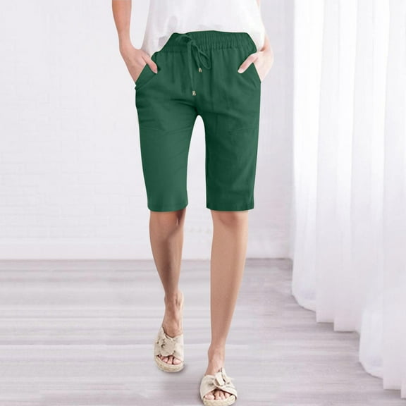 BLOCLOALO Bermuda Shorts Lounge Shorts Linen Pants for Women 2025 Cotton Casual Summer High Waist Lightweight Wide Leg Cropped Trousers Stretch Shorts Baggy Shorts Comfy Shorts Green S