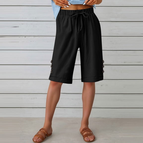 BLOCLOALO Bermuda Shorts Lounge Shorts Womens Casual Solid Side Pockets Pants Shorts Elastic Waist Pockets Daily Mid Long Shorts Stretch Shorts Baggy Shorts Joggers for Women Black Xxl