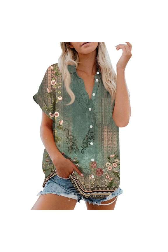 Boho Tunic Tops Vintage Floral Print Tee Shirts Collared Button Down Blouses Vintage Boho Floral Print Trendy Casual Short Sleeve Shirts Business Blouses Loose Tops Plus Size Tops Green L