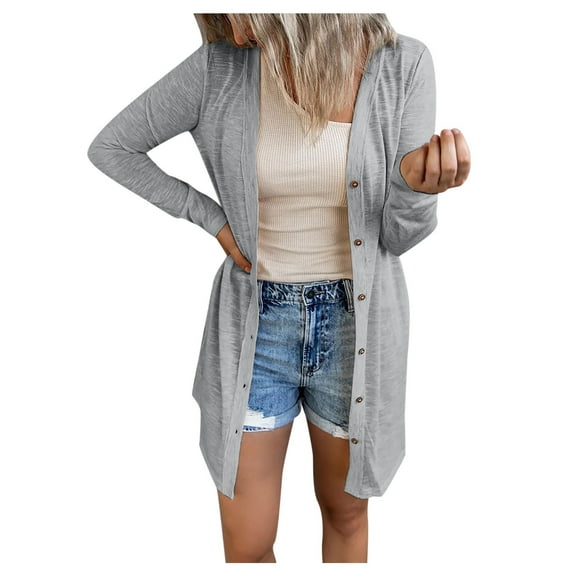 BLOCLOALO Button Down Blouses Dressy Casual Tops Womens Solid Color Long Sleeve Open Front Cardigan Blouse Lightweight Coat Mid Length Cardigans Open Front Cardigan Fitted Cardigan Grey 3Xl