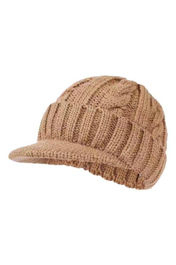 Cable Knit Hat Visor Beanie with Brim Oversized Fleece Lined Warm Ski Skull Cap for Cold Weather Khaki One Size