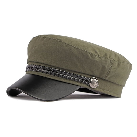 BLOCLOALO Cadet Army Cap Military Style Leather Brim Flat Top Cap for Unisex Basic Baseball Hat Green A
