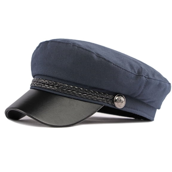 BLOCLOALO Cadet Army Cap Military Style Leather Brim Flat Top Cap for Unisex Basic Baseball Hat Navy A