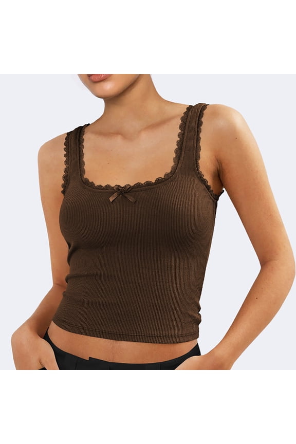 Camisole Tops Corset Tops Women's Tank Tops Cute Slim Fitted Ribbed Knit Bow Lace Camisole Top Summer Square Neck Sleeveless Going Out Tops Tube Tops Square Neck Tops Crop Tops Coffee Xs