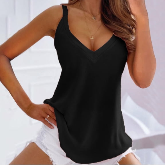 BLOCLOALO Camisole Tops for Women Flowy Tops for Women Women Casual V Neck Sleeveless Top Solid Color Vest Pullover Shirt Tunic Tank Tank Top V Neck Blouses for Women Blouses Casual Black Xxl